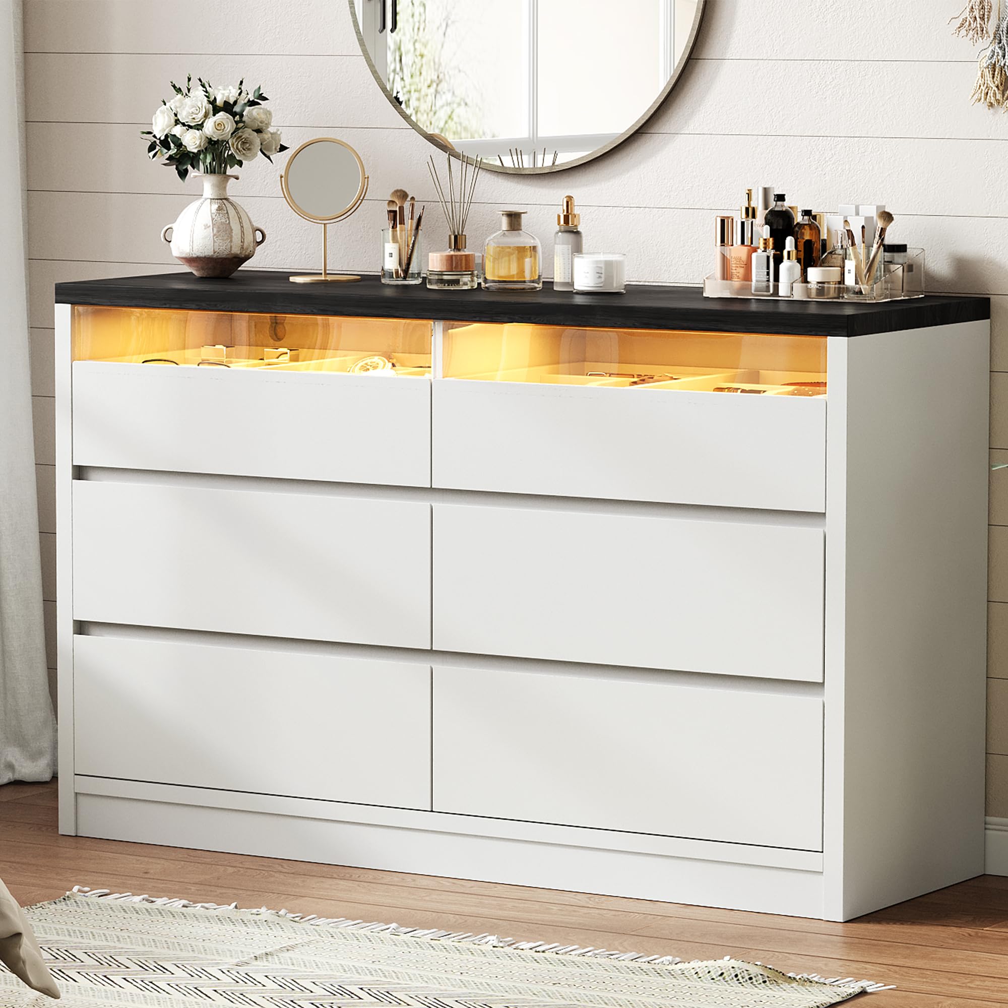 Photo 1 of *FOR PARTS ONLY/ ONE PIECE IS BROKEN* Jocoevol White Modern 6 Drawer Dresser for Bedroom with LED Light, Large Chest of Drawers with Hidden Handles, Long Double Wooden Dresser Closet for Living Room, Entryway, Hallway