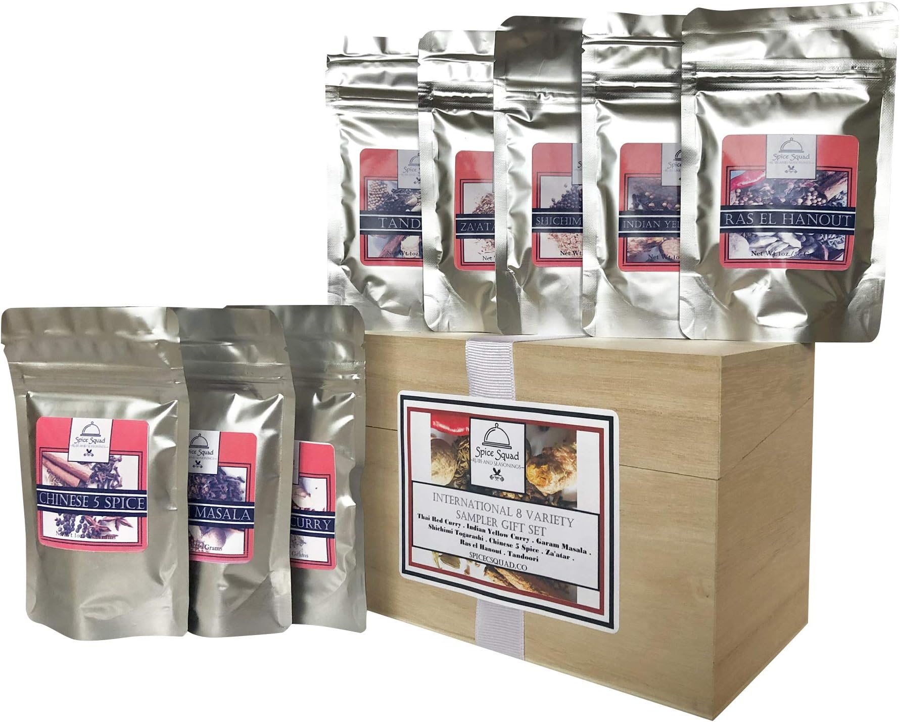 Spice Squad ~ International 8 Variety Sampler Gift Set | Thai Red Curry, Ras el Hanout, Indian Yellow Curry, Za’atar, Shichimi Togarashi, Chinese 5 Spice & Garam Masala