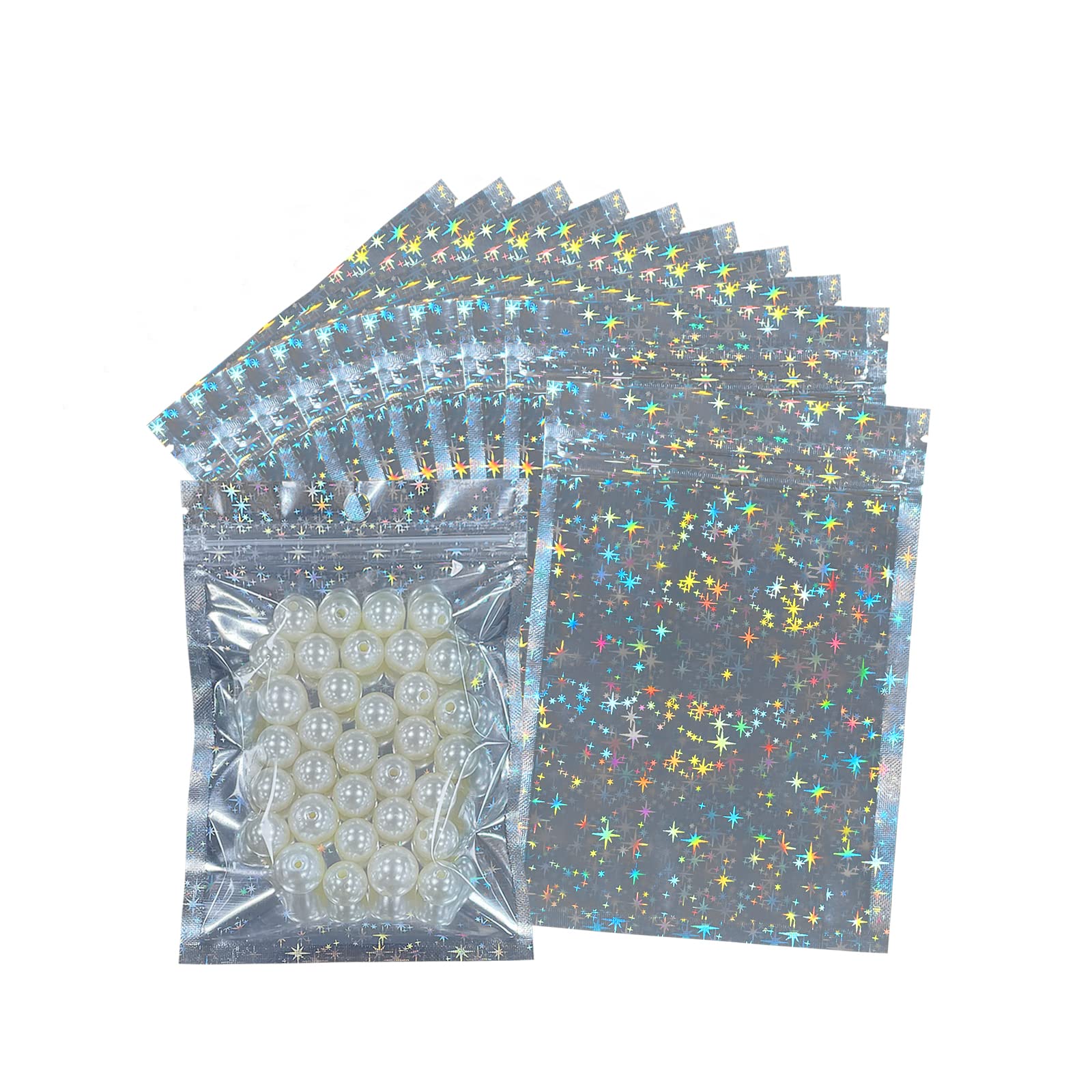 Photo 1 of 100pcs Holographic Bags 4x6 inch, Star Pattern Mylar Sample Pouch Zip Foil Baggies For Packaging Candy Jewelry Lash Lip Gloss