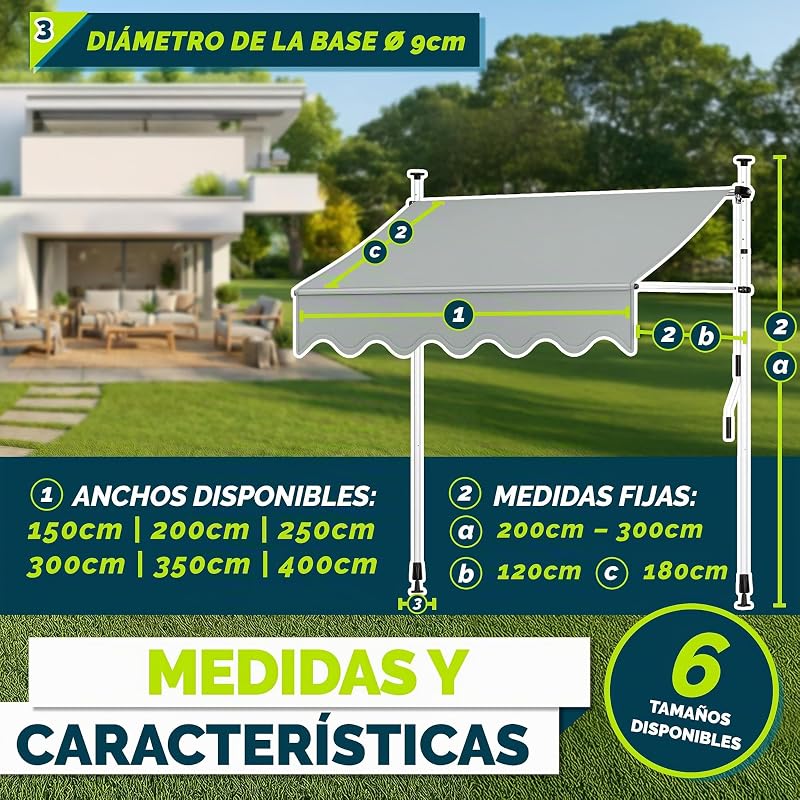 Toldo de gancho Tillvex 250 cm gris claro con manivela manual para balcón | Toldo para balcón sin perforación | Toldo resistente a los rayos UV y ajustable en altura | Protección solar impermeable
