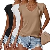 Huukeay 3 Pack Women’s V Neck T Shirts, Cap Sleeve Summer Casual Tops Loose Fit Short Sleeve Tees 2025 Trendy Shirts