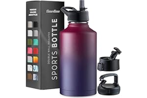 FineDine Triple Walled, Insulated Water Bottles with Straw - 64 Oz Stainless Steel Metal Bottle W/ 3 Leak Proof Lids - For Travel, School, Sports, Gym / Men, Women & Kids - Dreamy Purple