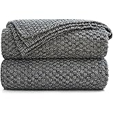 Longhui bedding Grey Knitted Throw Blanket for Couch, Soft, Cozy Machine Washable 100% Cotton Sofa Knit Blankets, Heavy 3.0lb Weight, 51 x 63 Inches, Gray and White Color,Laundry Bag Included