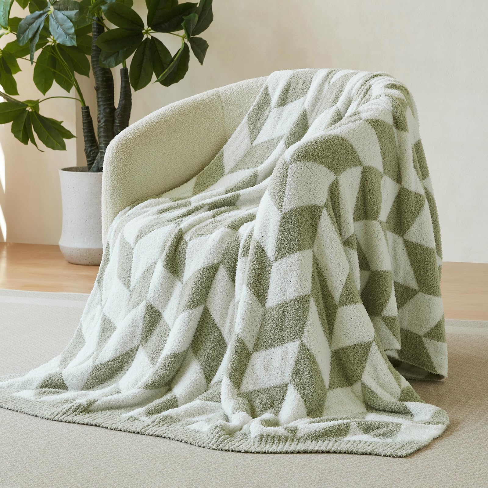 Snuggle Sac Sage Green Bedding Blankets Twin Size, Super Soft Warm Blankets Oversized Cozy Knit Fuzzy Blanket for Living Room, Chevron Green,60x80 inches Image