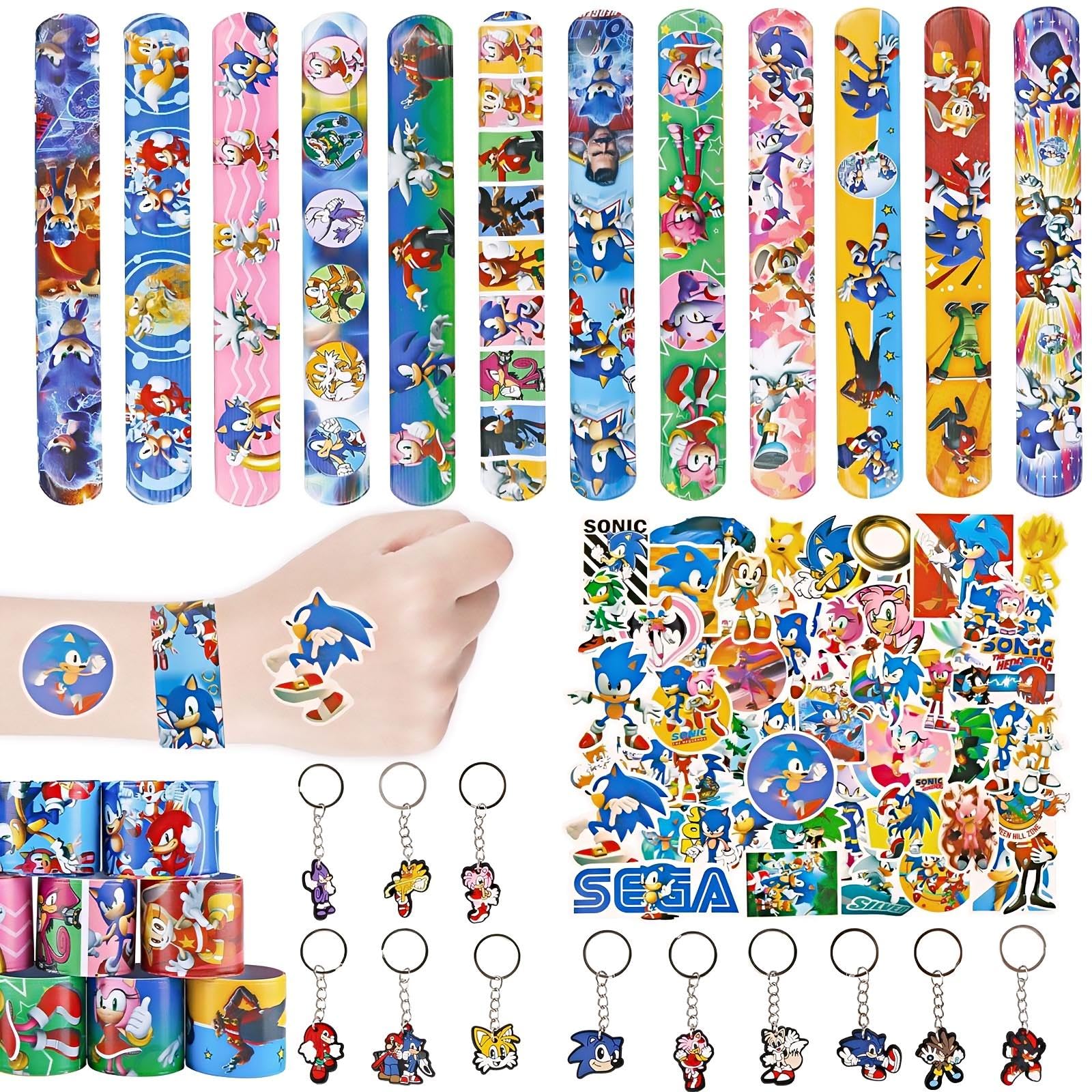 yumcute 74PCS Cartoon Party Bag Fillers for Kids, Party Favours Toys with 12Pcs Slap Bands12 Pcs Keychains 50Pcs Stickers Theme Birthday Halloween Christmas Gifts Toys for Boys Girls