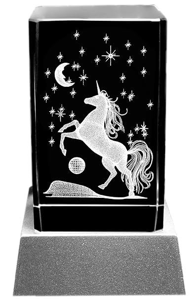Kaltner Präsente Stimmungslicht: LED Kerze / Kristall Glasblock / 3D-Laser-Gravur Motiv Tiere EINHORN