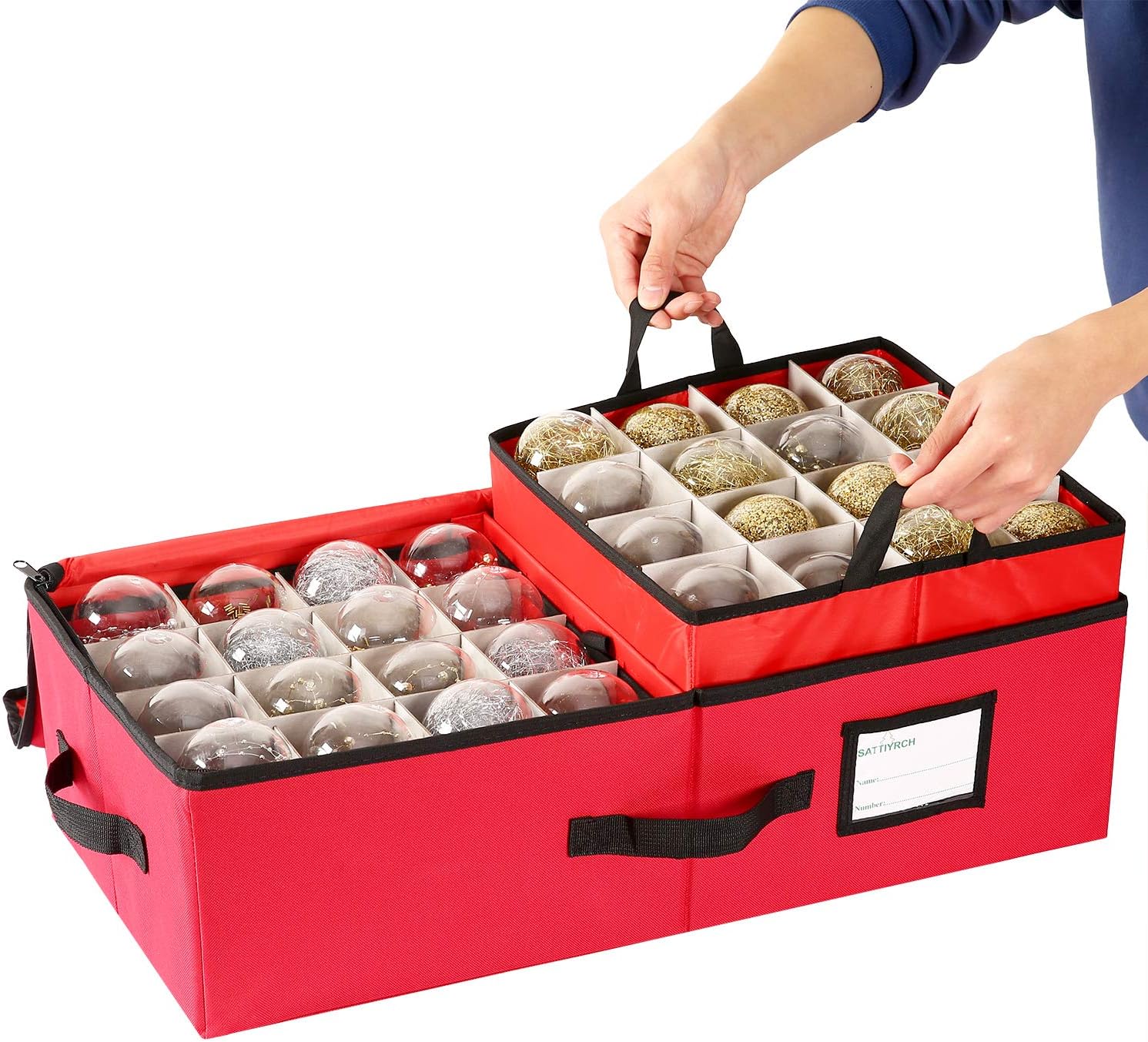 Holiday Décor Storage - Sattiyrch Underbed Christmas Ornament Storage Box Zippered Closure - Stores up to 64 of The 3-inch Standard Christmas Ornaments, and Xmas Holiday Accessories Storage Container with Dividers & Two Handles