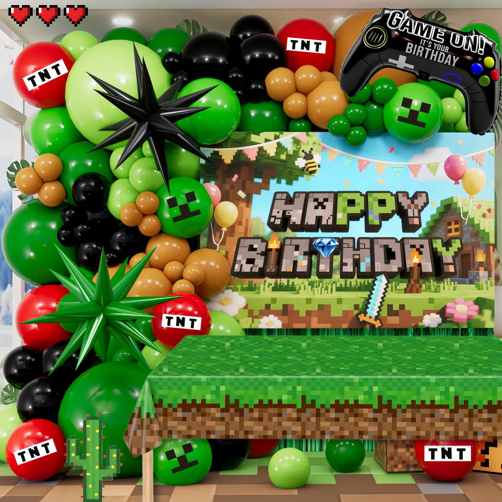 Photo 1 of Daidle Pixel Game Birthday Party Decorations for Boys, Green Black Balloon Garland Kit with Backdrop, Tablecloth, Foil Stars & TNT Print Balloons, Fringe Curtain, Birthday Party decor Set