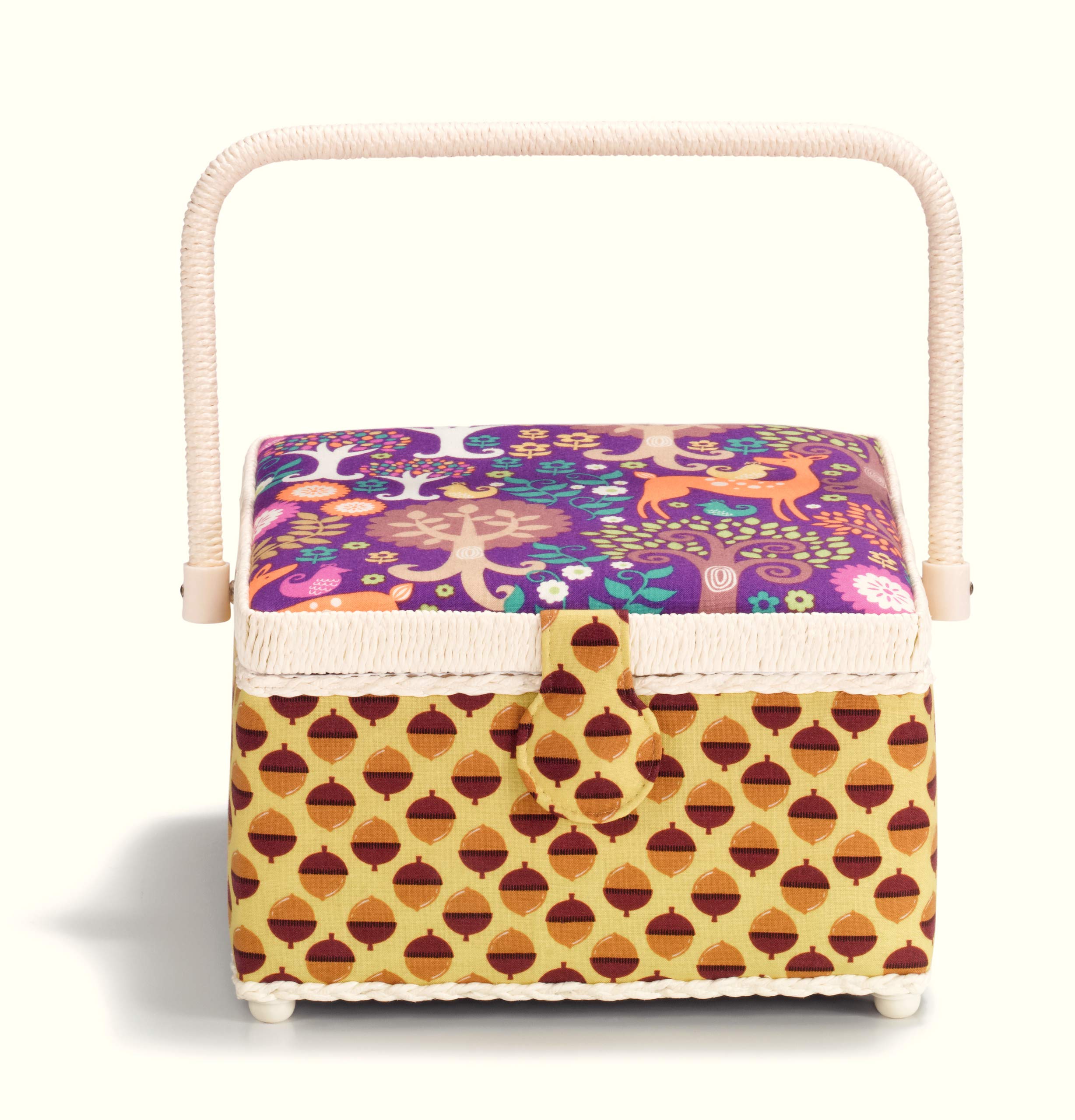 Prym Multicolour Forest Print Fabric with Ivory Trim Sewing Basket-Medium, Polyester, 23x23x14 cm