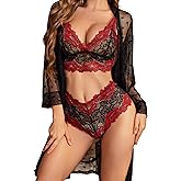RSLOVE Women Sexy Lingerie Set 3 Piece Lace Kimono Robe with Bra and Panty Sheer Sleepwear