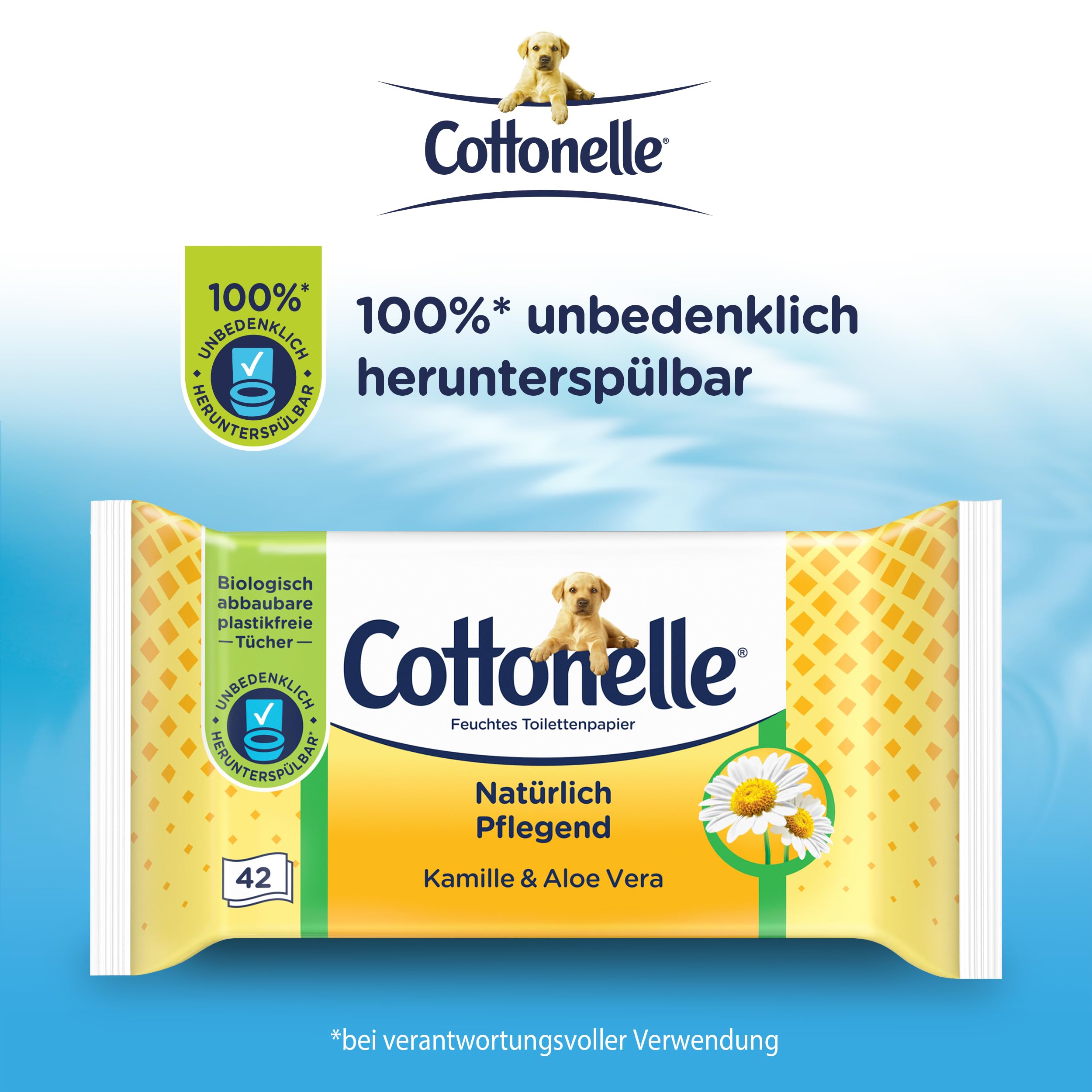 Cottonelle Feuchtes Toilettenpapier, Natürlich Pflegend - Kamille & Aloe Vera, Biologisch Abbaubar, Plastikfrei, Wiederverschließbar, Vorteilspack, 12 x 42 Feuchttücher 2