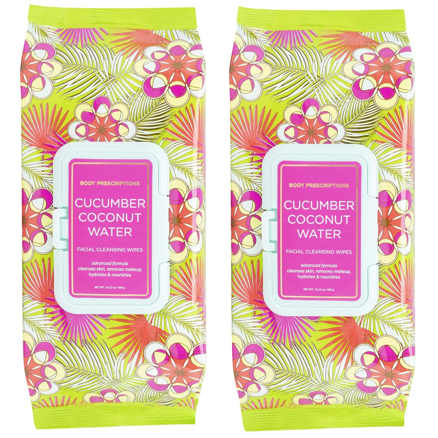 Body Prescriptions Cucumber Coconut Water Face Wipes & Makeup Remover Wipes - 2 Pack (60 Count Each) of Gentle Facial Cleansing Wipes – Flip Top Pack