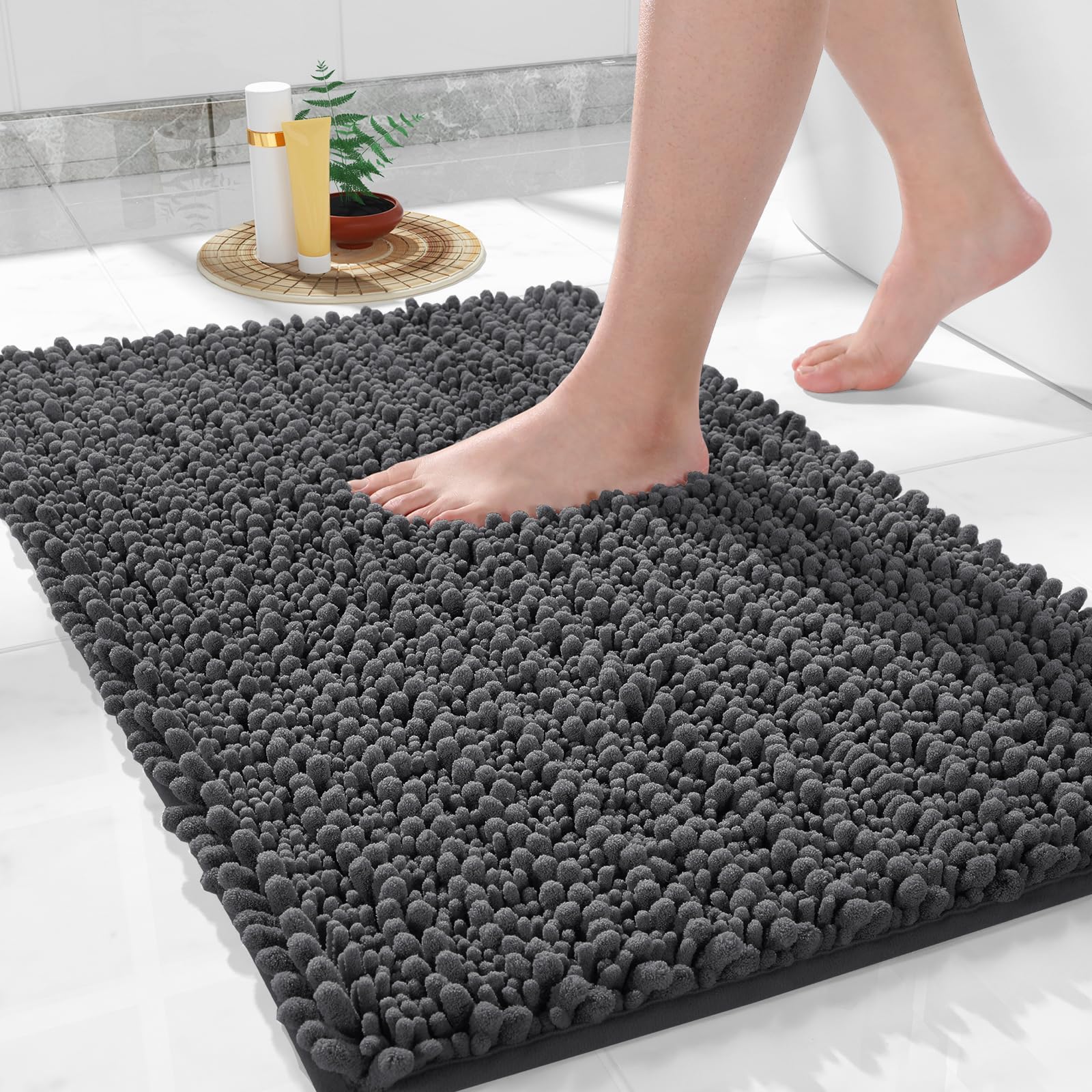 Yimobra Bathroom Mat, Soft and Cozy, Super Absorbent Water, Non-Slip, Machine-Washable, Thick Modern for Bathroom Bedroom, Dark Gray, 43 x 61 cm