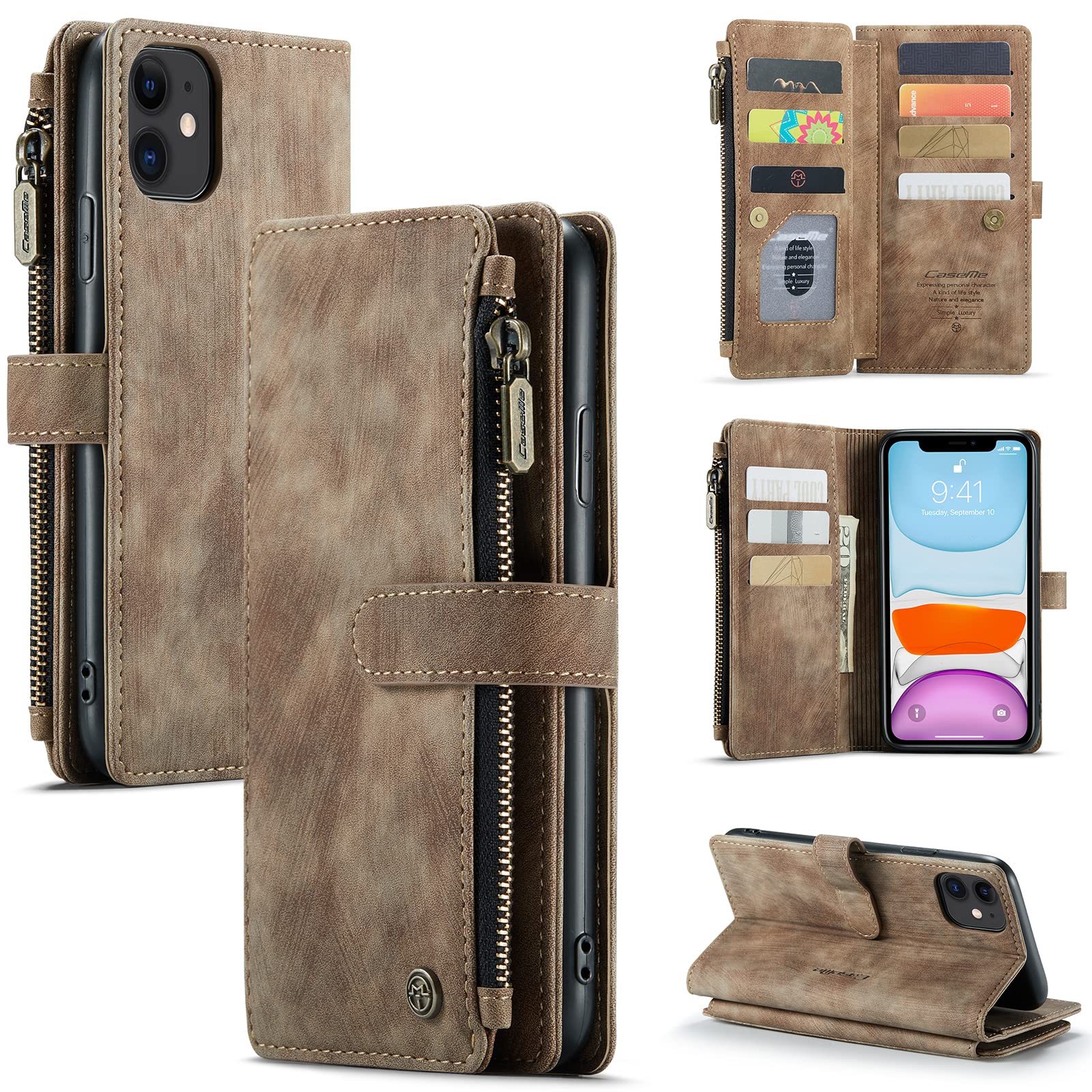 UFinetech Case for iPhone 11, Shockproof Card Holder Wallet Cover iPhone 11 (6.1”), Anti-scratch Flip Folio Magnetic Closure Built-in Kickstand Leather Soft TPU Slim Durable Camera Protector, Brown