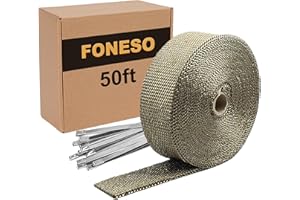 Foneso Exhaust Heat Wrap, 2in x 50ft Titanium Exhaust Muffler Tape Fiberglass Heat Shield Header Wrap for Car Motorcycle Pipes with 12 Pcs Stainless Steel Ties
