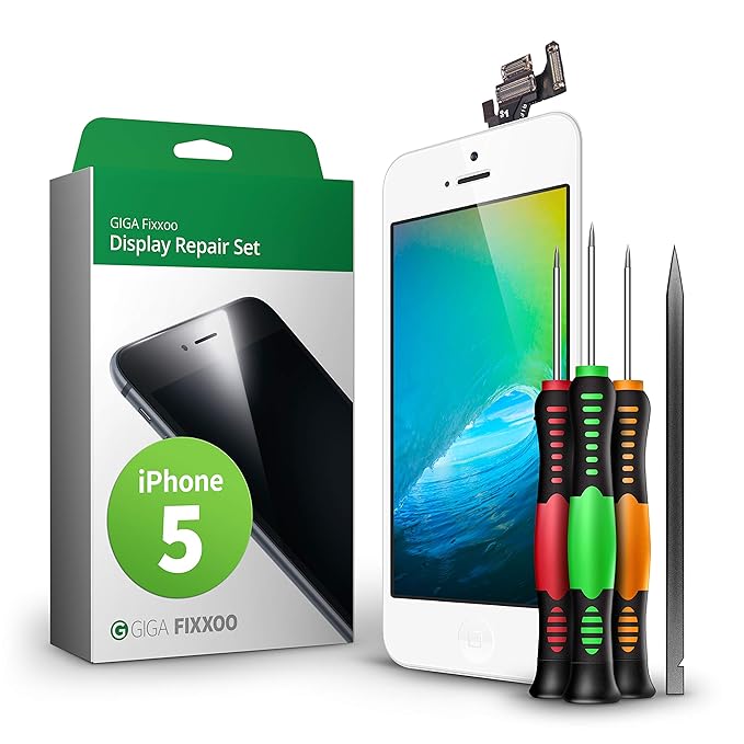 GIGA Fixxoo kompatibel mit iPhone 5 Komplettes Display Ersatz Set Weiß, LCD mit Touchscreen, Retina Display, Kamera & Näherun