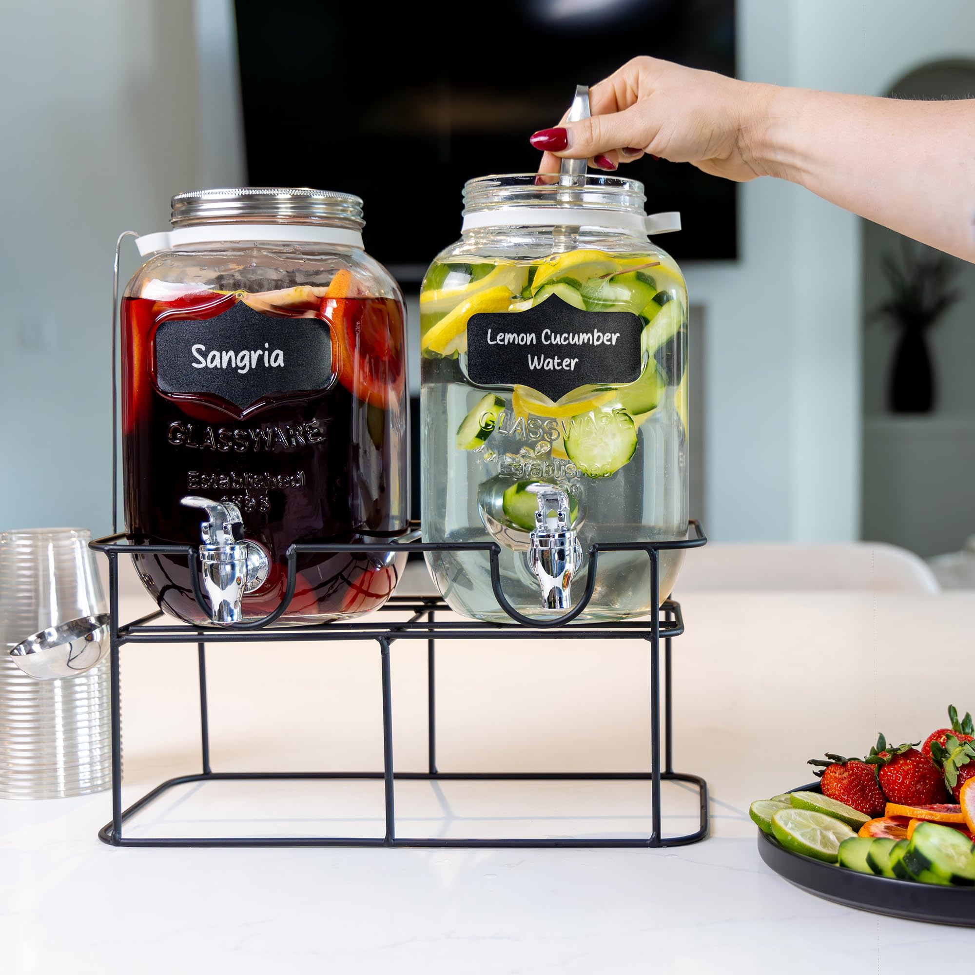 Photo 1 of 1 Gallon Glass Drink Dispenser with Stand & Stainless Steel Spoons – Perfect for Parties, Fruit Infusions & Boba Tea – Versatile Mason Jar for Lemonade or Detergent