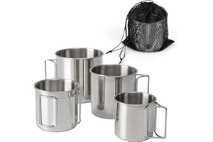 Wulisan Stackable Camping Mug Stainless Steel Portable Cups with Folding Handle & Mesh Bag for Touring Trips Outdoor Camping 