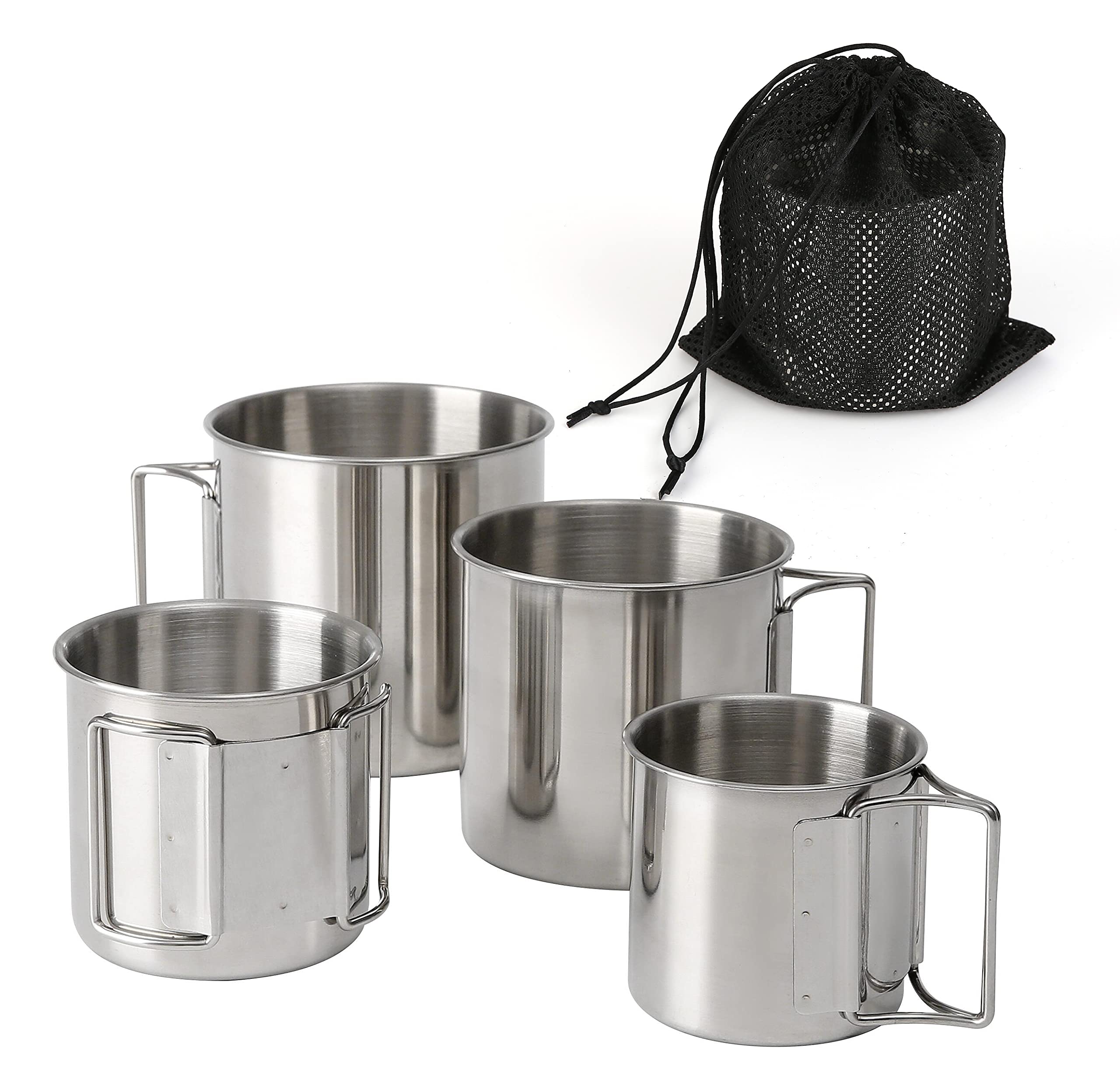 Photo 1 of Wulisan Stackable Camping Mug Stainless Steel Portable Cups with Folding Handle & Mesh Bag for Touring Trips Outdoor Camping Campfire Hiking Picnic 4 Piece Set 7.44oz, 11.16oz, 16.9oz, 22.3oz
