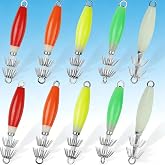 VBQFDPH Glow Squid Jigs Lure Kit, 10 Pack | High brightness glowing saltwater lures with durable hooks, storage tackle box for night sea fishing