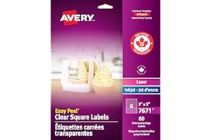 Avery Clear Square Labels, 3” x 3”, for Laser/Inkjet Printers, 60 Labels, 6UP, Edge-to-Edge Print, Permanent, (7671), Made in