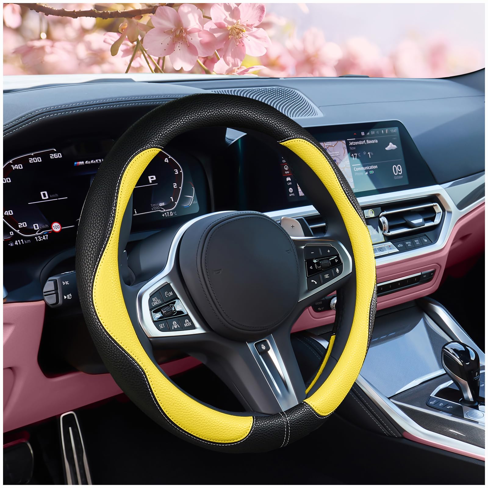 Photo 1 of SuperKaKa Car Steering Wheel Cover 2025, Universal Auto PU Cute Breathable Slip-Proof Comfort Imitation Leather Protector Cars Interior Accessories for Women Men Fit Most Vehicle (Yellow)