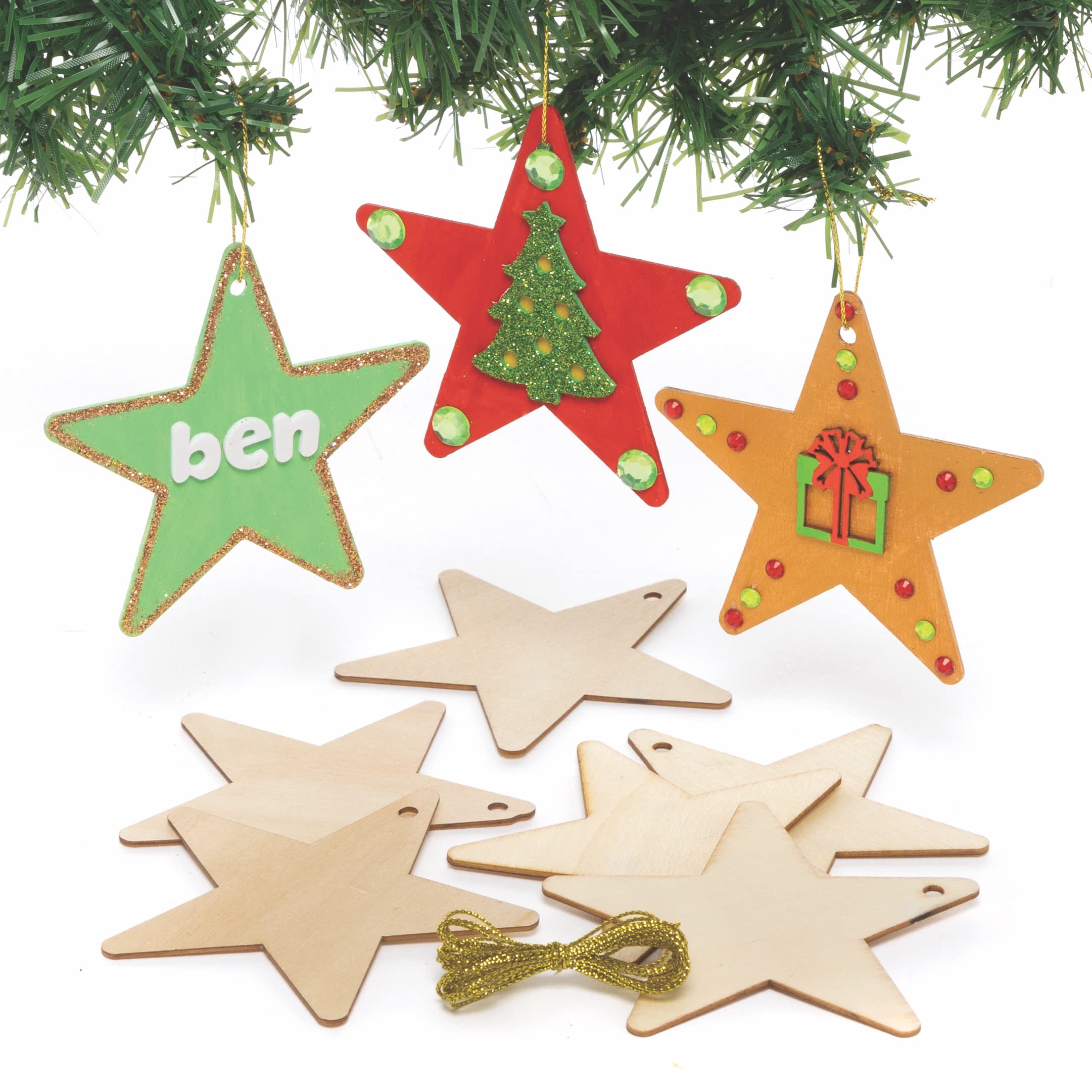 Baker Ross FE761 Star Wooden Decorations - Pack of 12, Wooden Crafts to Make and Decorate, Make Your Own Christmas Decorations, Gold