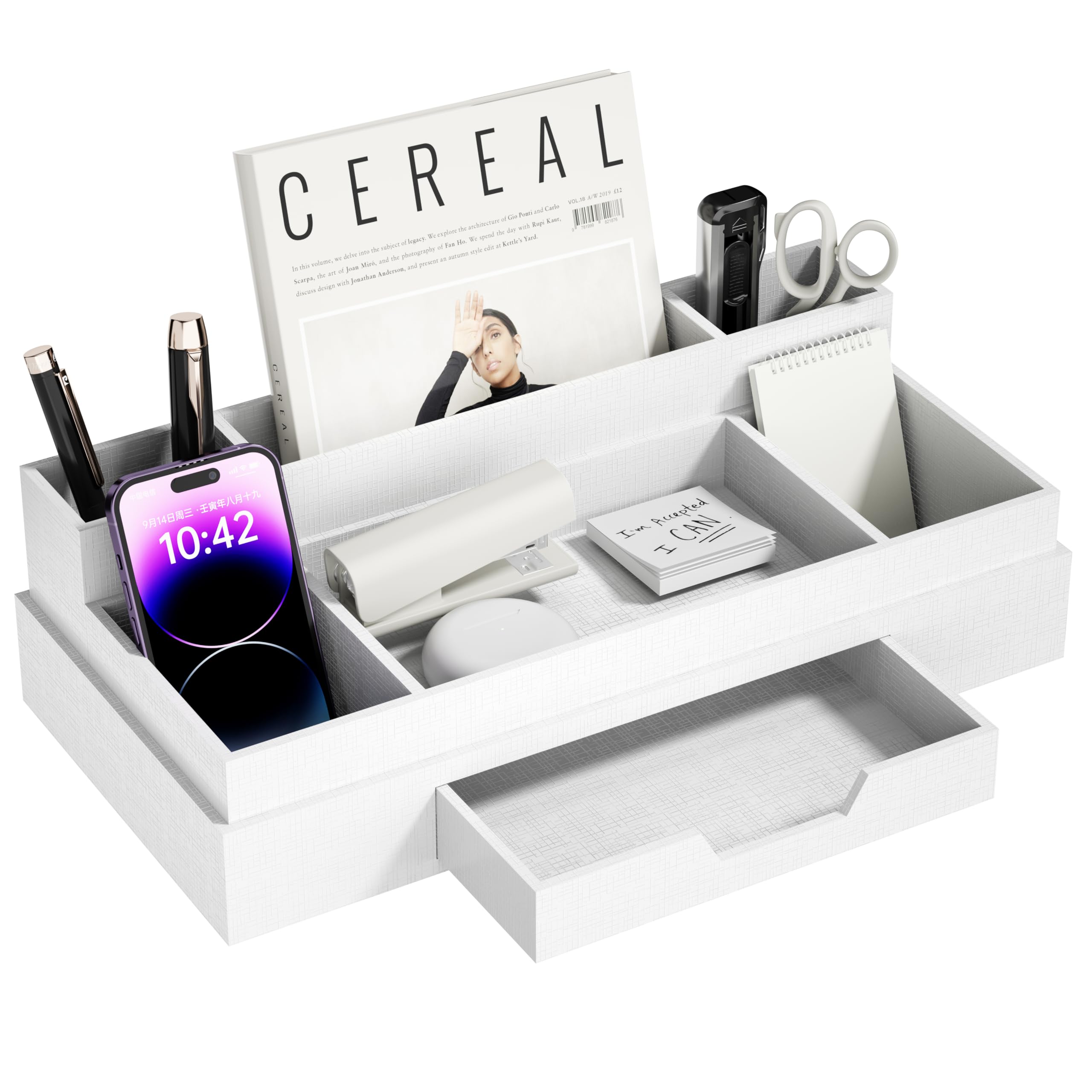 JiaWei Desk Organiser with 6 Compartments, Multifunctional Pen Holder with Drawer, Made of Extra Sturdy Cardboard, Office Organiser, Ideal for Office Supplies, White