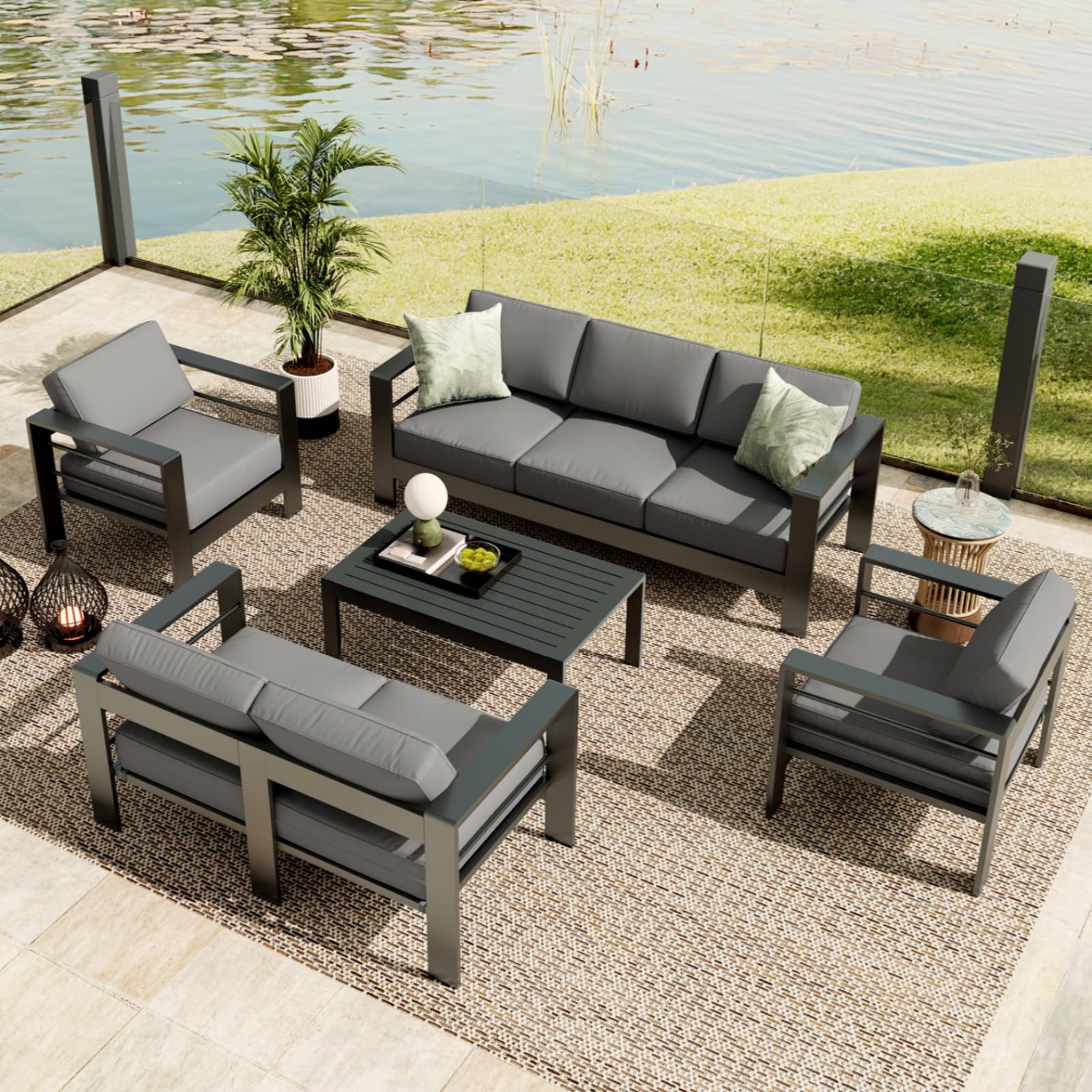 Photo 1 of 7 Seats Aluminum Patio Furniture Set, 5 PCS Outdoor Sectional Conversation Set with 4" Wide Armrest, Backyard Sectional Sofa Set with Coffee Table & Thick Cushions, Grey