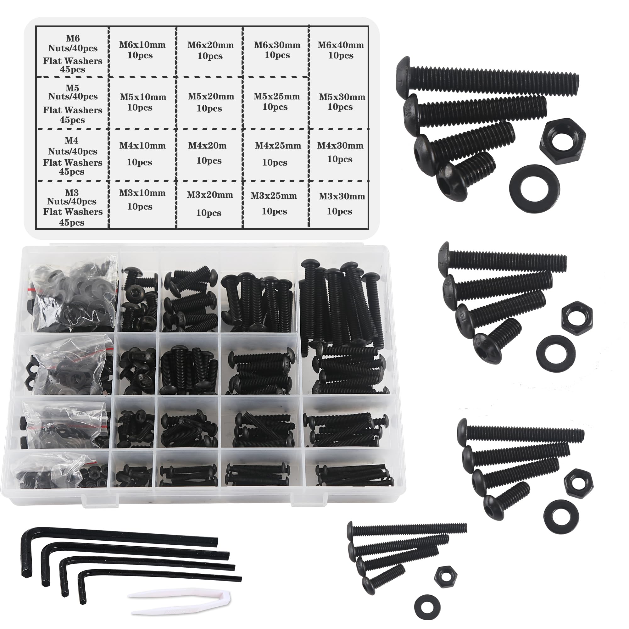 huruirui Nuts and Bolts Washers Assorted Set,M3 M4 M5 M6 Black Button Head Screws Bolts and Nuts Kit 500pcs, Thread Machine Hex Bolt Set Fastener Repair Tools Assortment Kit with 4 Wrench
