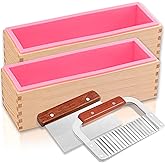 Lerykin 2 pcs Rectangular Soap Molds Kit with Cutters - 42oz Flexible Silicone Loaf Soap Mold with Wooden Box, Stainless Stee