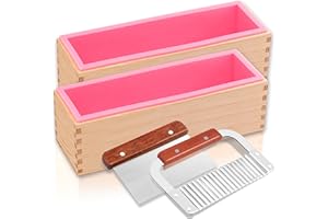 Lerykin 2 pcs Rectangular Soap Molds Kit with Cutters - 42oz Flexible Silicone Loaf Soap Mold with Wooden Box, Stainless Steel Wavy & Straight Scraper for Homemade Craft Soap Making Supplies