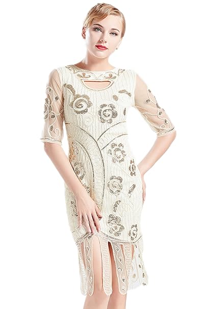 Coucoland 1920s Kleider Damen Pailletten Kleid Stola Ärmel Great Gatsby Cocktail Party Kleider Damen Fasching Karneval Charle