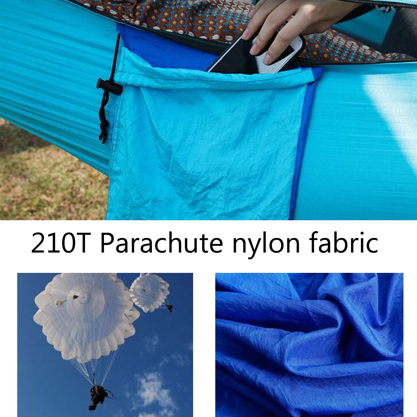 SKYWIN Camping Hammock Lightweight Parachute Hammock Multifunctional For Travel,Camping,Hiking, Beach, Yard , Portable with 2 Carabiners and 2 Hanging Ropes 10FT by Each ( Blue Stitching)