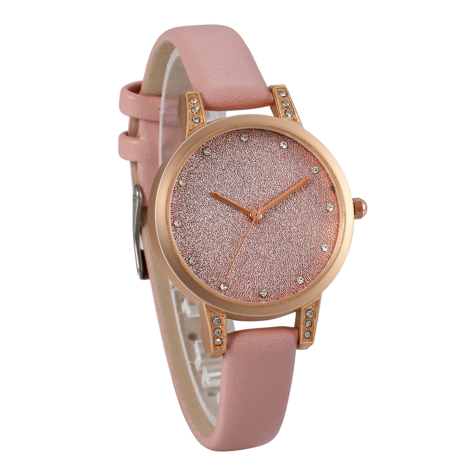 JewelryWe Women Rhinestone Watches Glitter Analog Dial Quartz Watch Water Resistant Leather Band Pink Wristwatch for Girls Ladies Mothers Day Gift