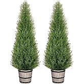 VIVATREES 4FT Artificial Cedar Topiary Trees with Rustic Barrel Planter, Outdoor Indoor Realistic Faux Pine Shrubs Plants, Fake Cypress Trees for Home Offices Porch Decor, Set of 2