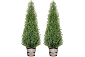 VIVATREES 4FT Artificial Cedar Topiary Trees with Rustic Barrel Planter, Outdoor Indoor Realistic Faux Pine Shrubs Plants, Fake Cypress Trees for Home Offices Porch Decor, Set of 2