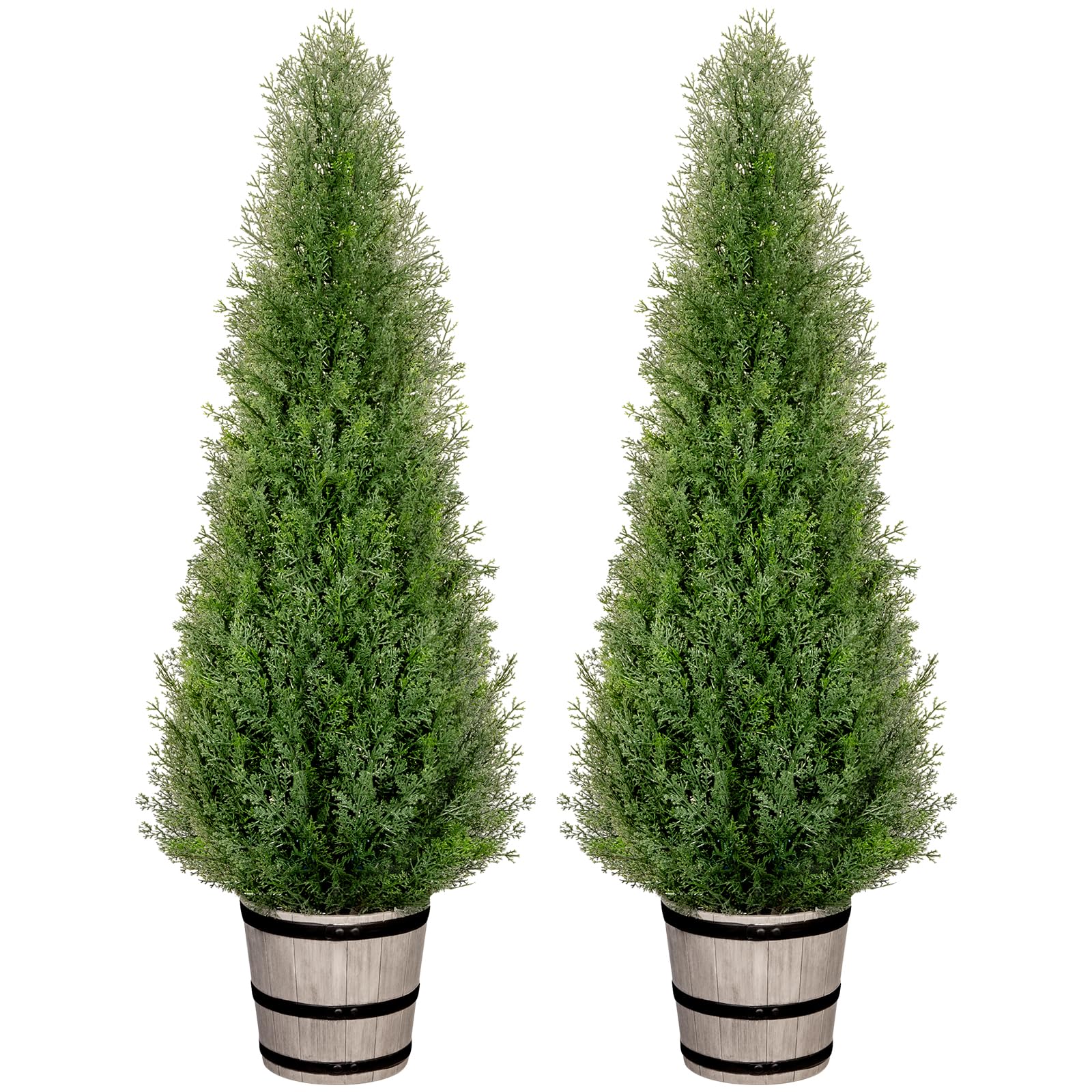 VIVATREES 4FT Artificial Cedar Topiary Trees with Rustic Barrel Planter, Outdoor Indoor Realistic Faux Pine Shrubs Plants, Fake Cypress Trees for Home Offices Porch Decor, Set of 2