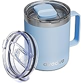 avodvo 12oz Insulated Coffee Mug with Lid – Includes Two Lids, Stainless Steel Coffee Travel Mug with Handle, Double Wall Vacuum Insulated Camping Mug for Home, Office & Outdoor, Light Blue