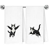 Exqcom Funny Tuxedo Cat Kitchen Towels Set of 2, Tuxedo Cat Gifts Dish Tea Towels for Kitchen, Black and White Kitten Decorative Hand Towels for Bathroom Restroom Washroom Spa Vanity, 16x24 Inch