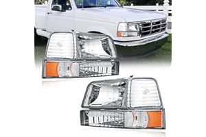 Fullux Headlights for 92-96 Ford F150 F250 F350 Bronco 1992 1993 1994 1995 1996 Replacements Assembly Chrome Housing Amber Reflector