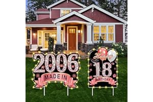 PUYRUIV 2Pcs Rose Gold 18th Birthday Yard Sign Decoration with String Lights for Girl, Happy 18 Birthday Made in 2006 Lawn Sign Party Supplies, Eighteen Year Old Birthday with Lights Yard Decor Stakes