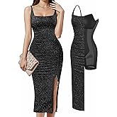 Popilush Shapewear Midi Dress Women's Sparkly Formal Wedding Guest Cocktail Dresses Fall Square Neck Ruched Dress Side Slit