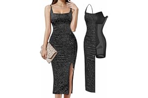 Popilush Shapewear Midi Dress Women's Sparkly Formal Wedding Guest Cocktail Dresses Fall Square Neck Ruched Dress Side Slit