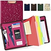 Ospelelf Zipper Clipboard with Storage, Leather Padfolio Portfolio Folder, 3 Ring Binder Dividers with Tabs, 12.1” Tablet Sleeve, Refillable Notepad, Card Slot (Rose Red)