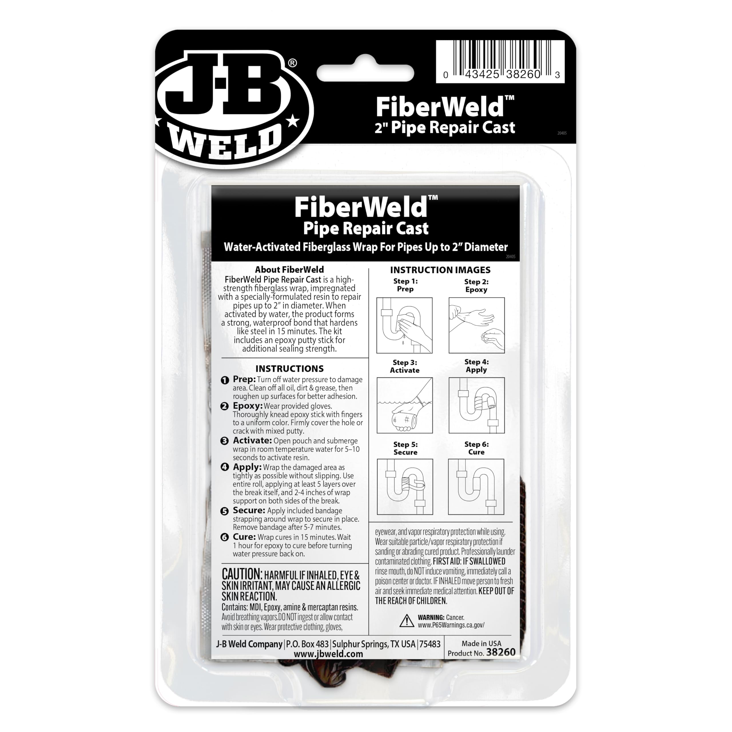 J-B Weld FiberWeld 2” Pipe Repair Cast 2x60 Inch - High Strength Adhesive Fiberglass Wrap - White (38260)