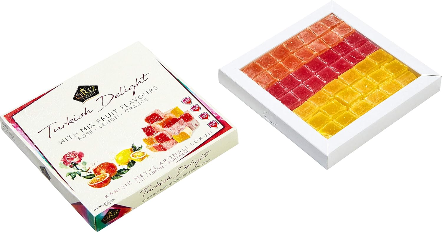 Cerez Pazari Turkish Delight with Rose, Orange and Lemon Mix Flavors (No Nuts) - Gluten Free, Glucose Free, Vegan Luxury Lokum Candy Dessert Gourmet Medium Box - Approx.40 Pcs - 14 Oz : Grocery & Gourmet Food