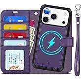 TUCCH 2-in-1 Removable Wallet Case for iPhone 17 Pro (6.3-inch) 2025, Wireless Charging | RFID Blocking 4 Card Holders | Wrist Strap | Kickstand | Magnetic | PU Leather Protective Cover | Deep Purple