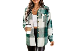 HOTOUCH Womens Flannel Plaid Shacket Jacket Button Down Tartan Trench with Pocket Long Sleeve Cropped Fashion Coat S-XXL