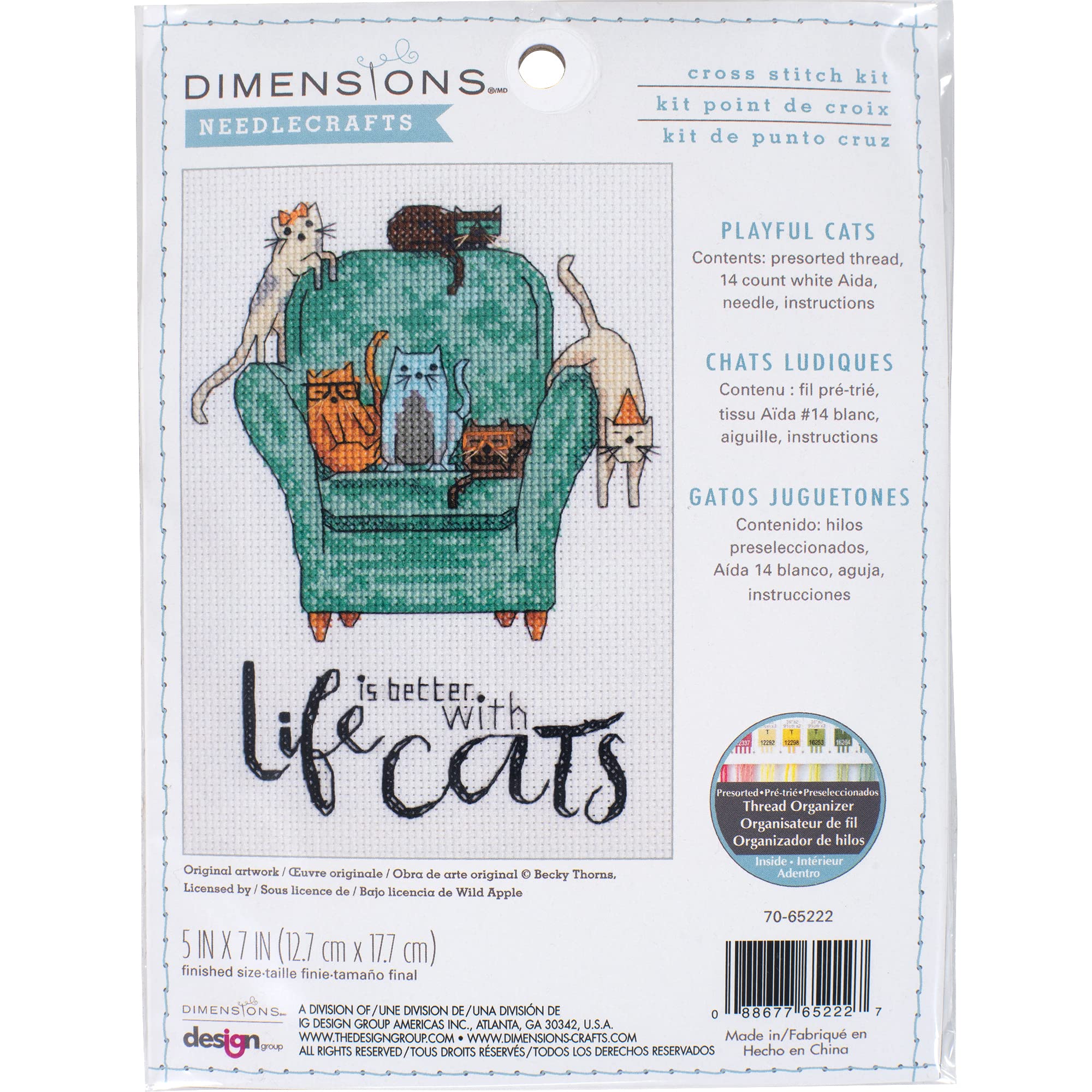 Dimensions 70-65222 Life is Better with Cats Counted Cross Stitch Kit for Beginners, 14 Cnt. White Aida, 5" x 7"